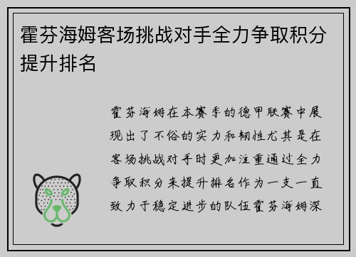 霍芬海姆客场挑战对手全力争取积分提升排名